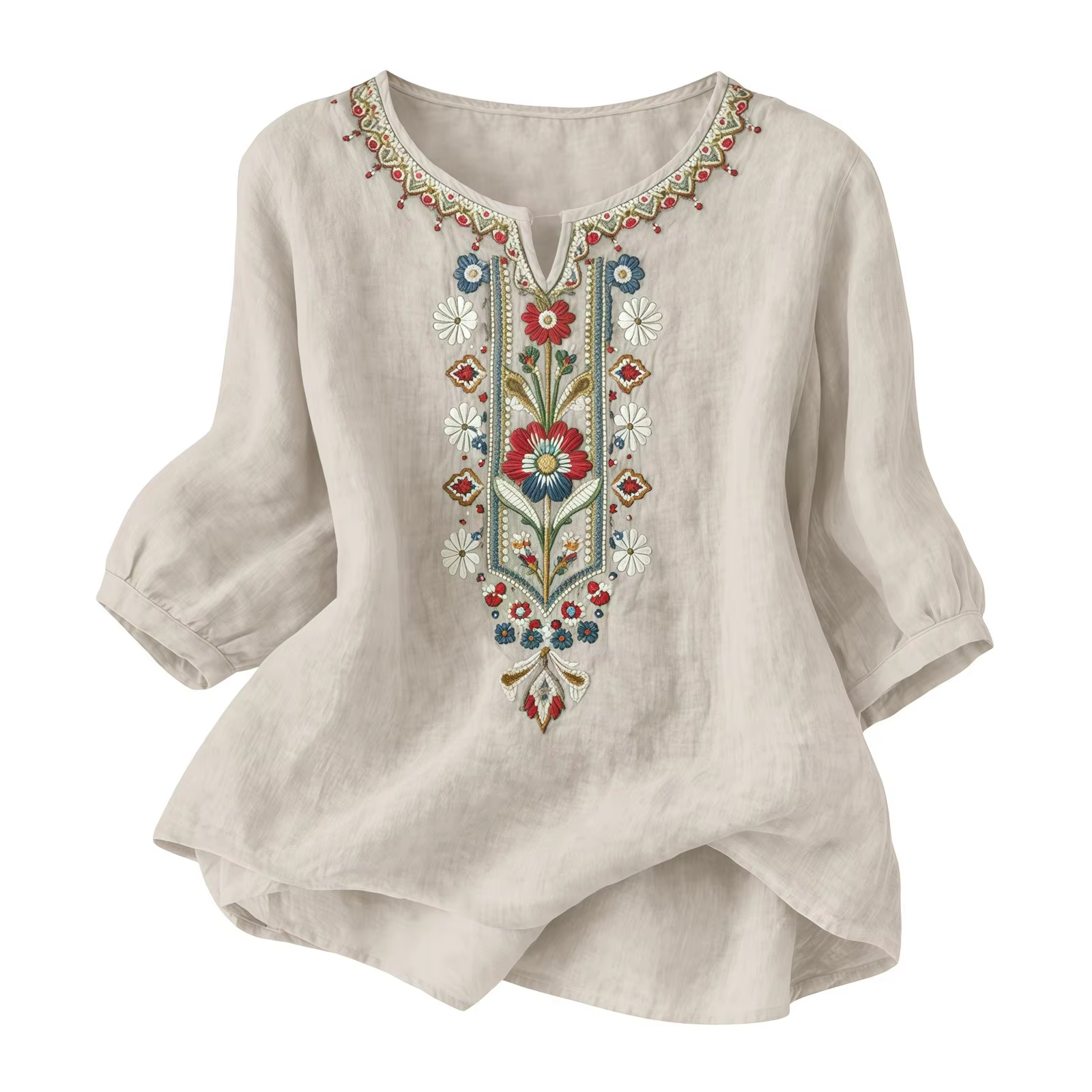 Chemises en lin d'été pour femmes Broderie rétro Tops amples à manches 3/4 Tuniques décontractées Bl