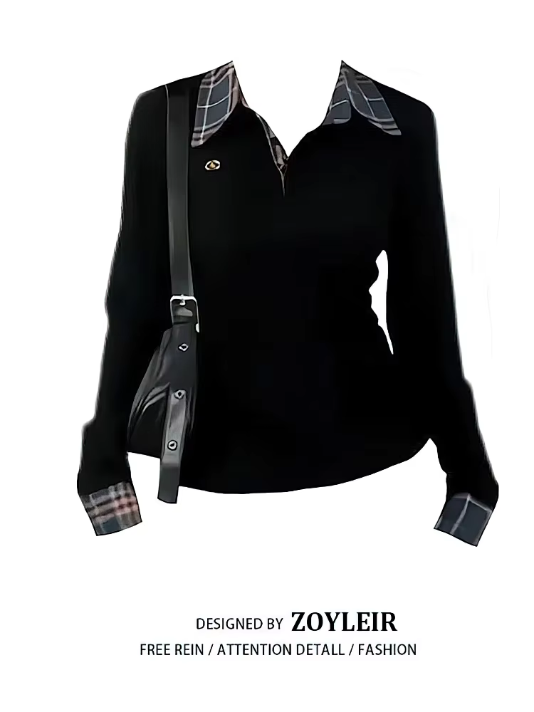 T-shirt à col polo à carreaux pour femme, manches longues, effet deux pièces, haut basique, chemisie