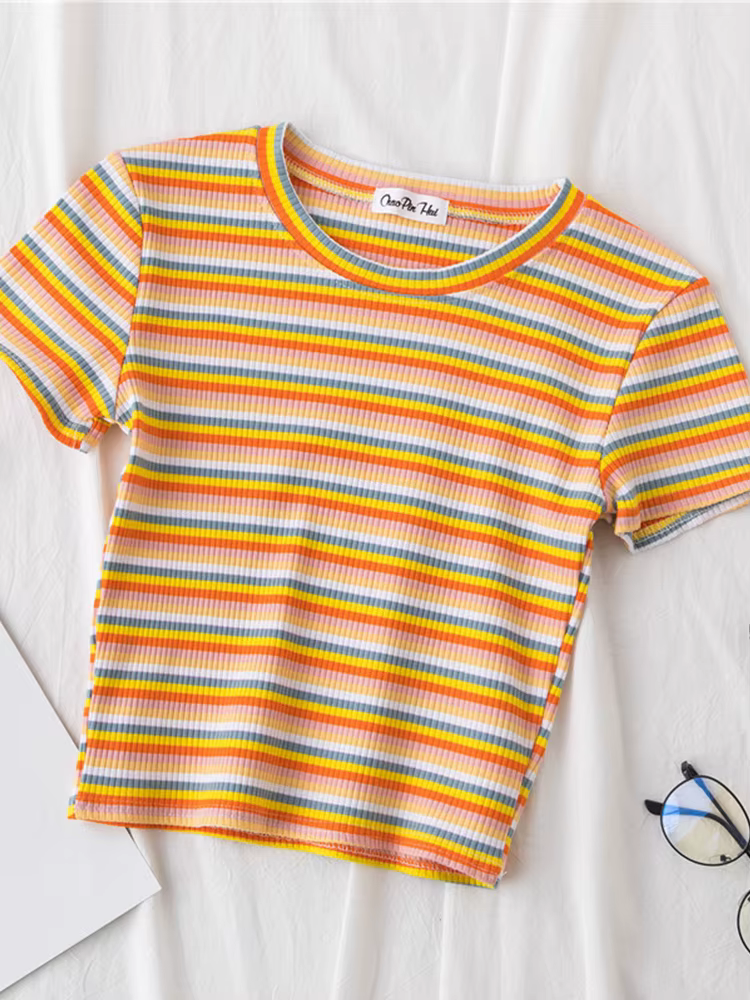 T-shirt à rayures arc-en-ciel pour femmes, haut à manches courtes, vêtement estival et slim, marque 
