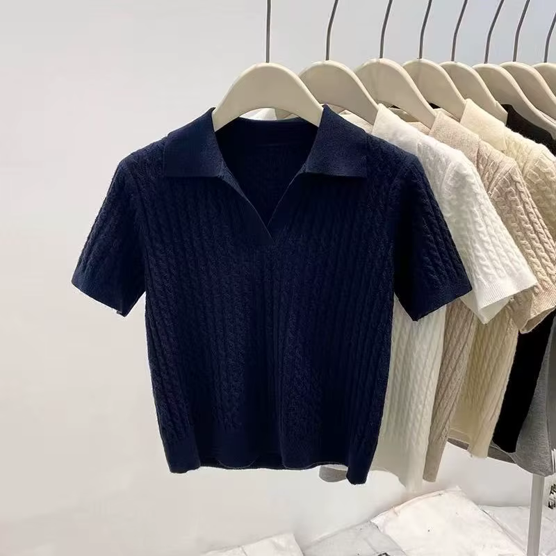 T-shirt à manches courtes en tricot pour femmes, printemps été, toutes occasions, hauts ajustés à co