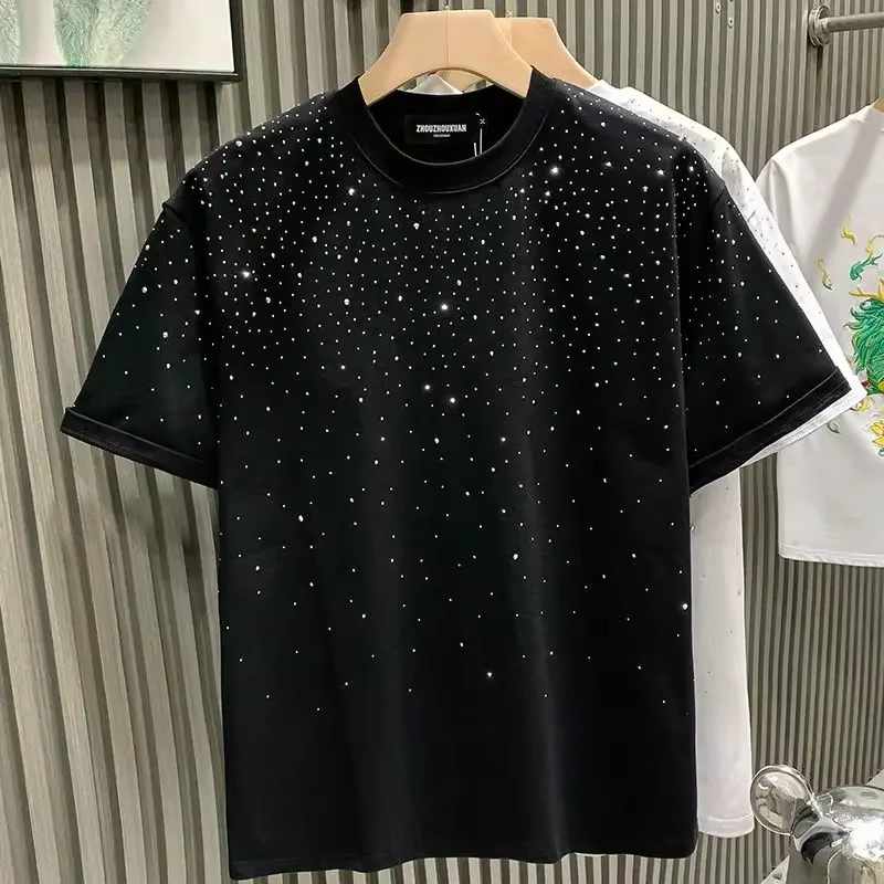 Nouveau luxe hommes T-shirt diamant chaud imprimé demi manches mode col rond décontracté été haut de