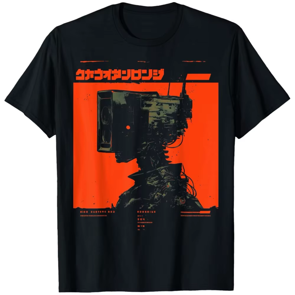 T-shirt Cyberpunk Horror Punk pour homme, style anime japonais, design technologique, décoré de moti