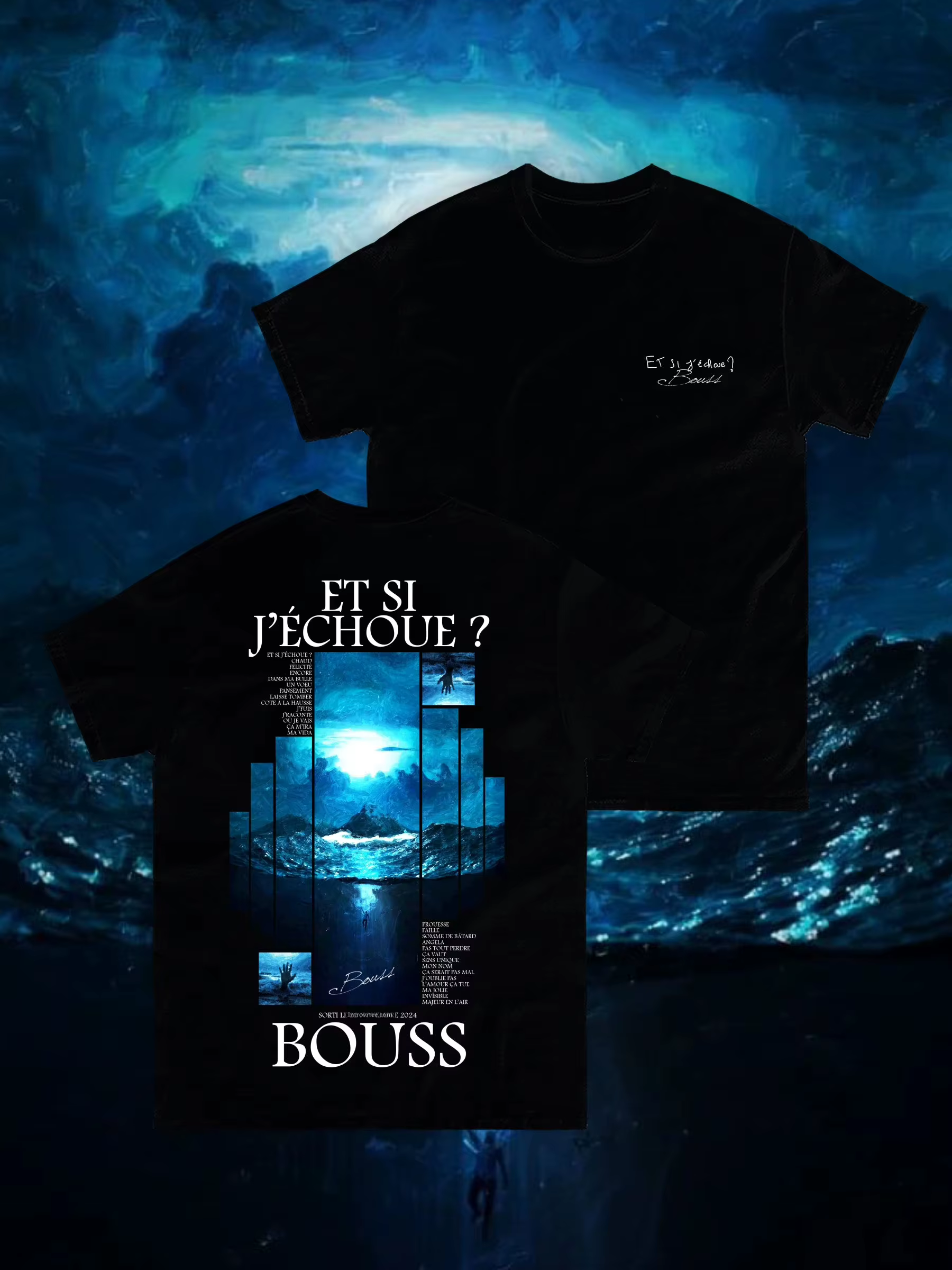 T-shirt imprimé du rappeur français Bouss, avec motif graphique ET SI J'ECHOUE Ablum, à manches cour