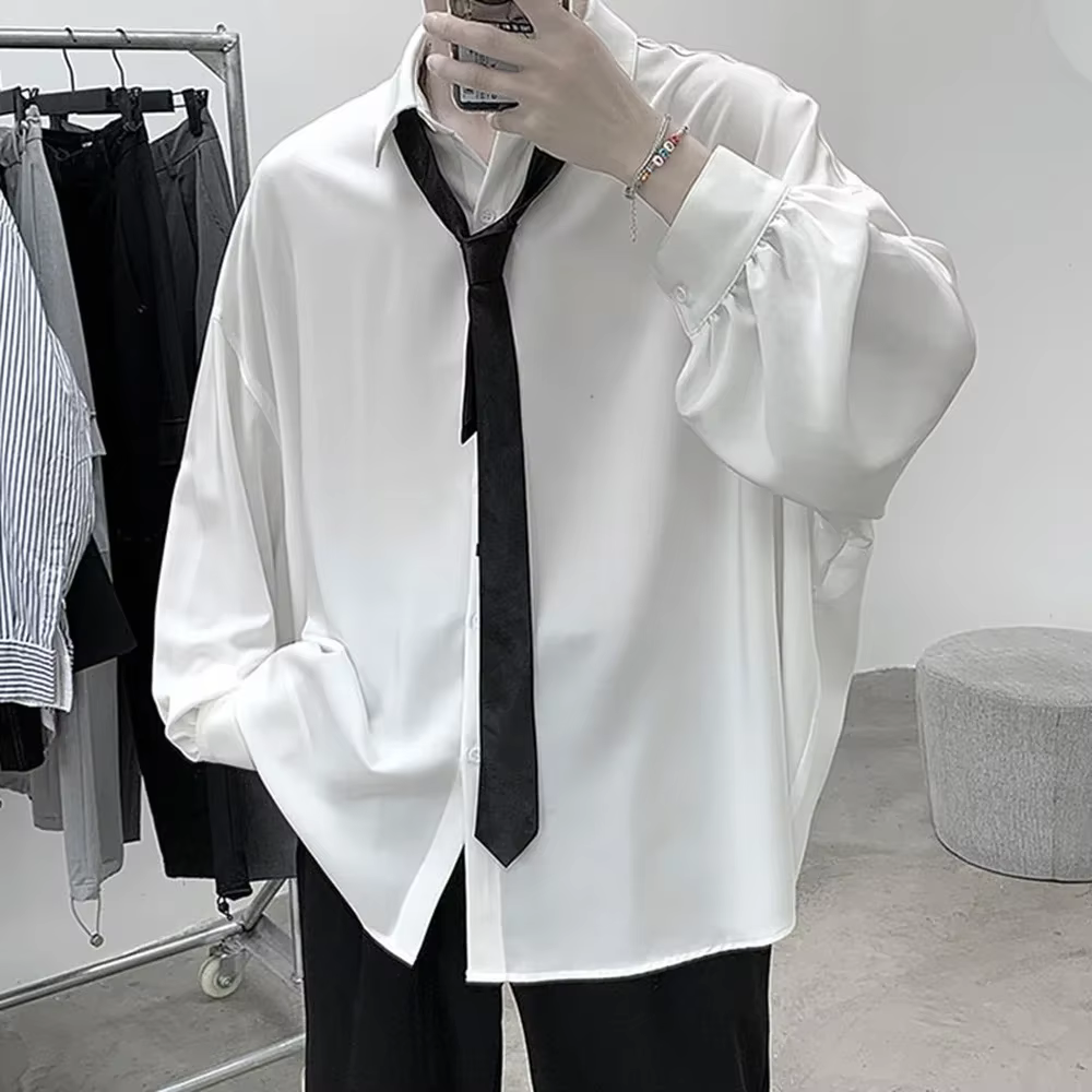 Chemises à manches longues pour hommes de Style coréen cravate noire confortable décontracté solide 