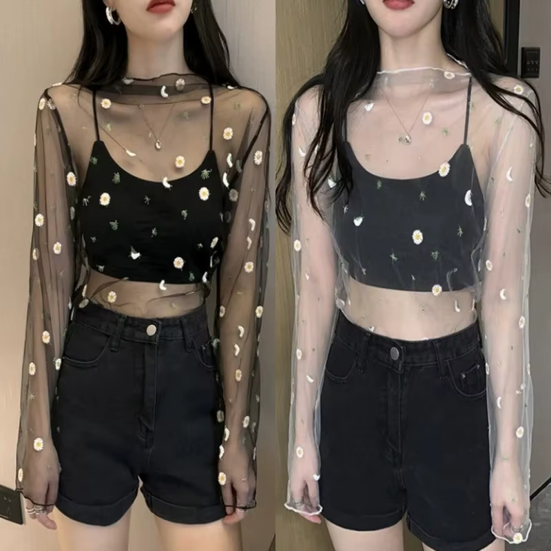 T-shirt manches longues femme, court et transparent, en maille, avec motif floral