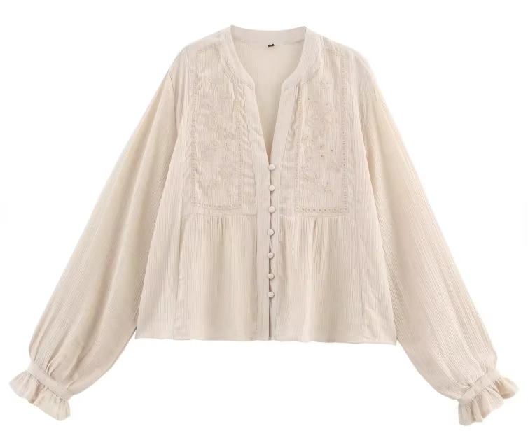 Chemisier beige vintage brodé pour femme HH, col en V, simple boutonnage, manches évasées, style chi