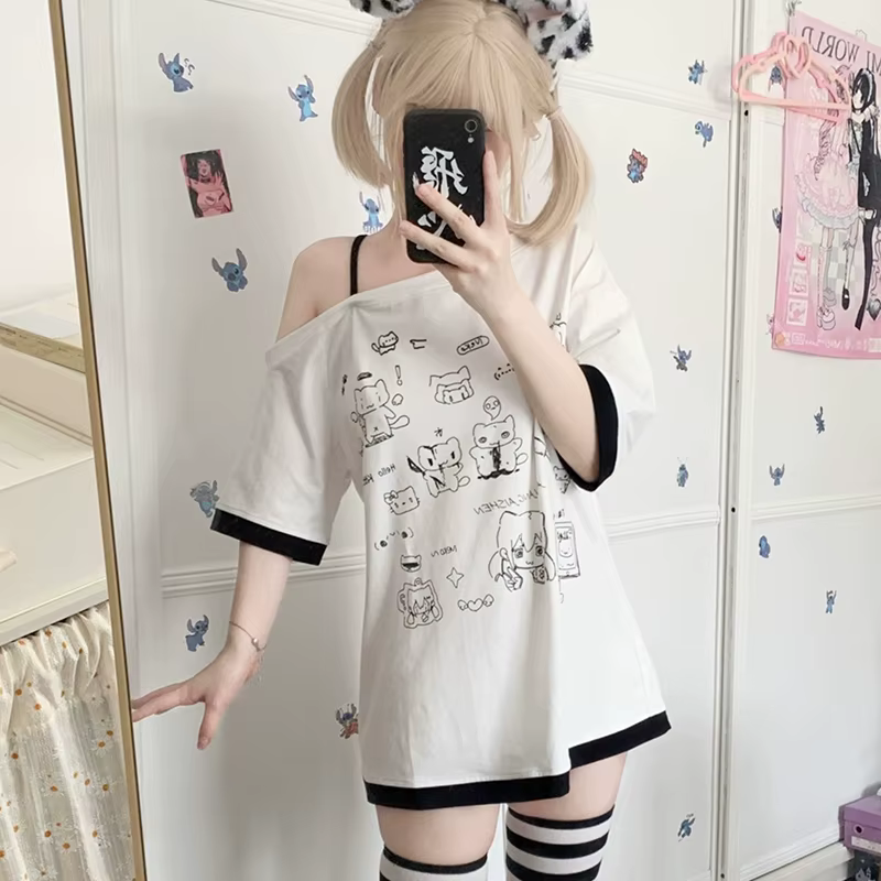 Japonais Y2k sous-culture mignon T-shirt épaules dénudées blanc à manches courtes été T-shirt femme