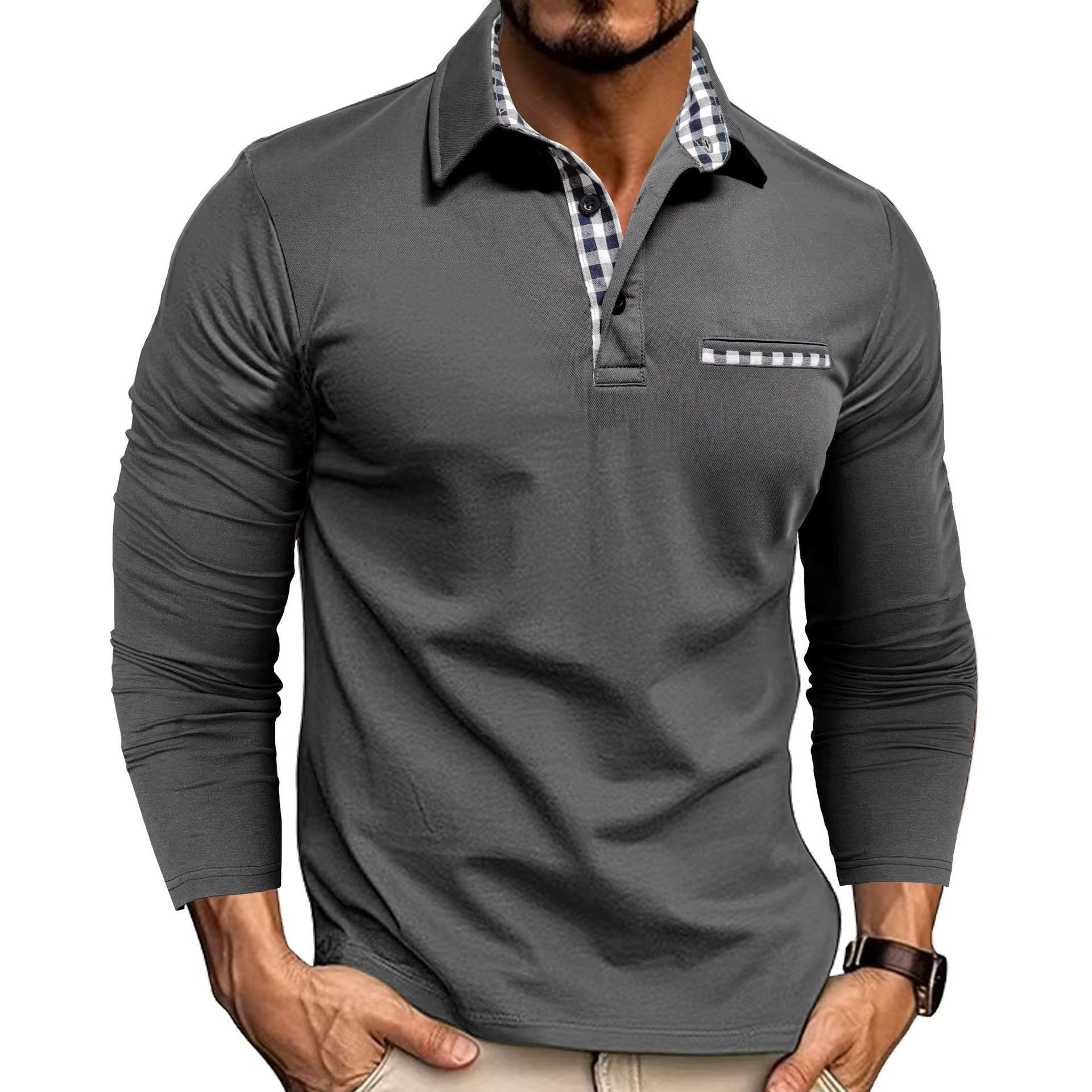 Polo à manches longues pour homme, coupe ajustée décontractée, col rabattu, haut de qualité supérieu