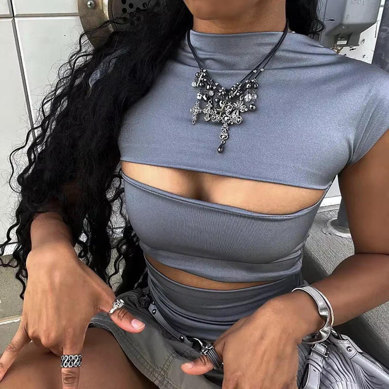 Sexy Wrap poitrine évider col roulé mince t-shirt femmes manches courtes chemise à bascule dames t-s