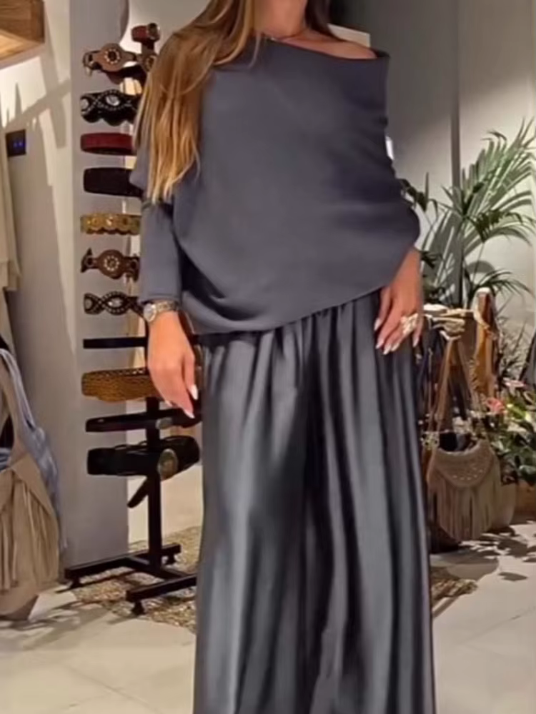 Ensemble décontracté deux pièces pour femme : Blouse ample à col bateau et manches longues avec patc