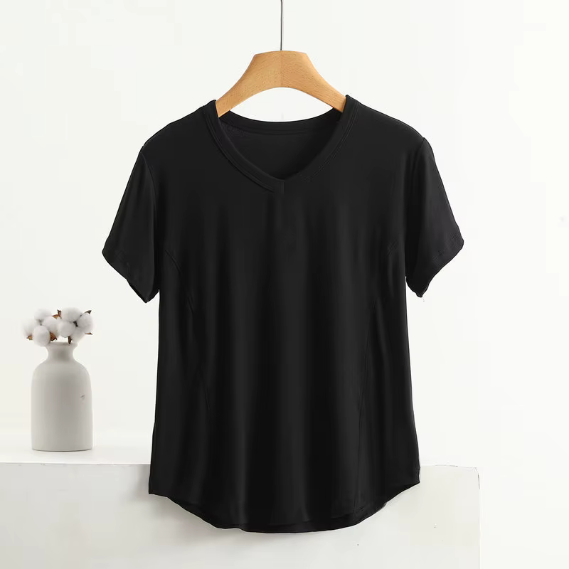 T-shirt manches courtes col V femme, estival et slim, grande taille, couleur unie, design périphérie