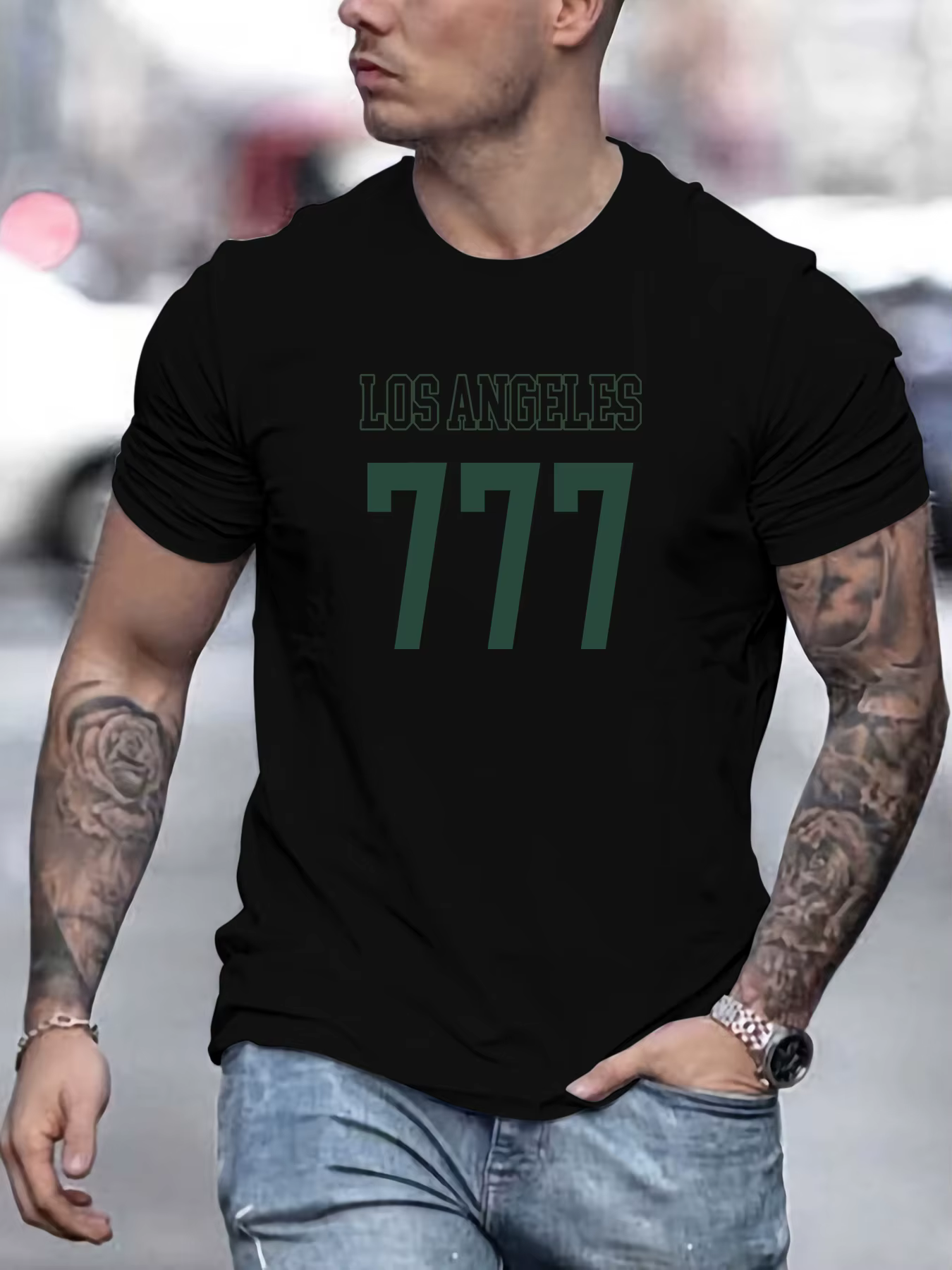 Homme T-shirt à manches courtes LOS ANGELES 777 imprimé été col rond respirant surdimensionné T-shir