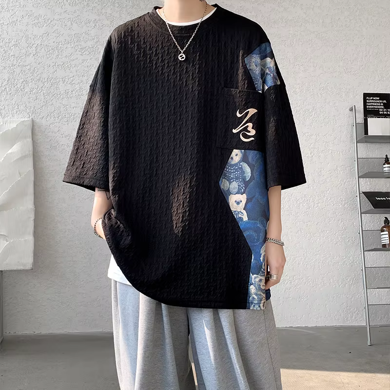 T-shirt manches mi-longues homme, estival et à la mode, avec patchwork d'abonnés au document, Haraju