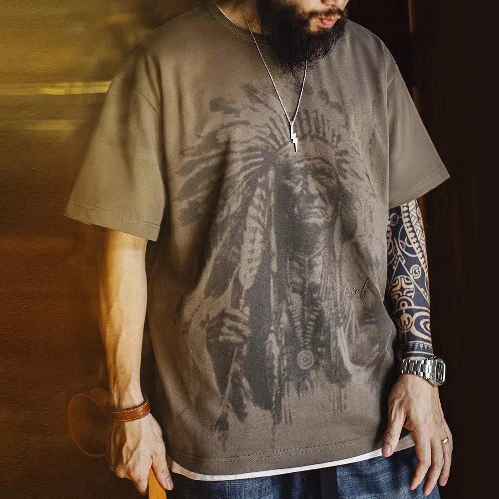 Maden Vintage lourd Navajo imprimé T-Shirt à manches courtes hommes été coton T-Shirt lettre brodée