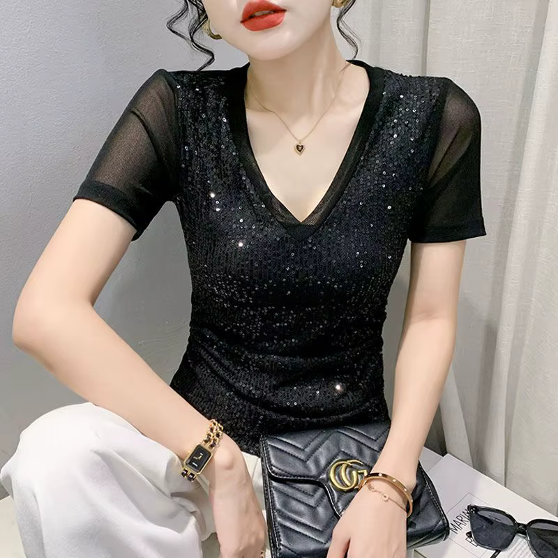 T-shirt à manches courtes et col en v pour femme, haut en maille Sexy, Slim et demi-manches, nouvell