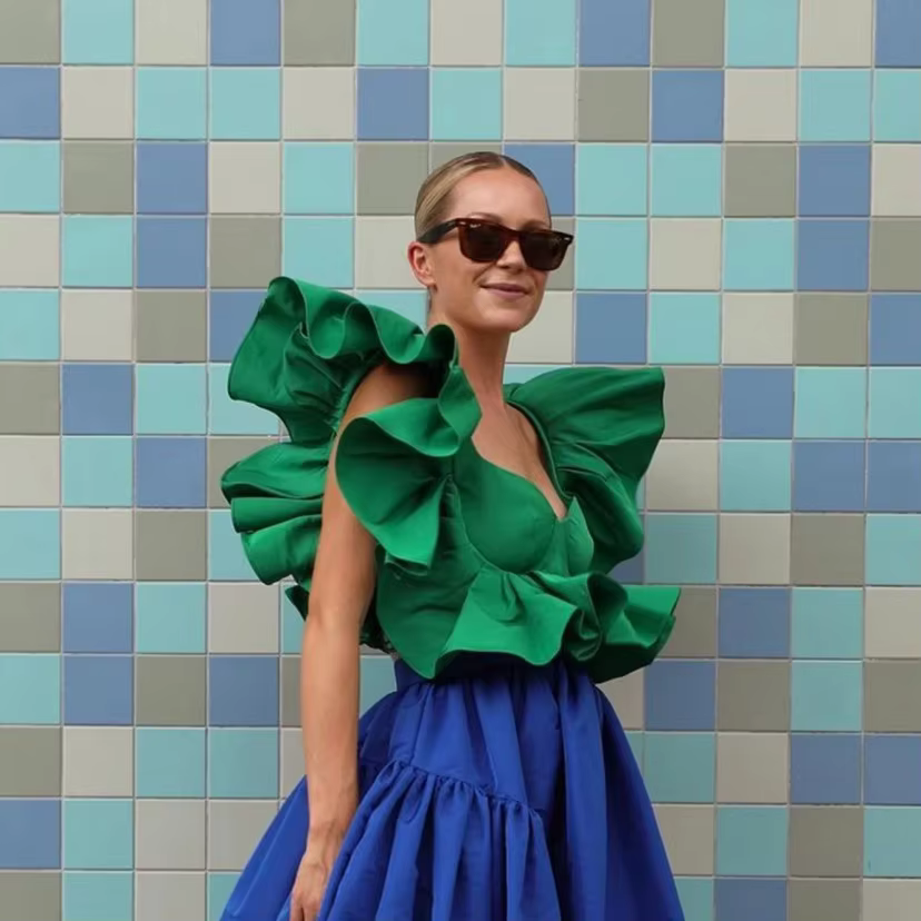 Chemisier Vert à Volants en Satin pour Femme, Haut Court Chic, sur Mesure, Été