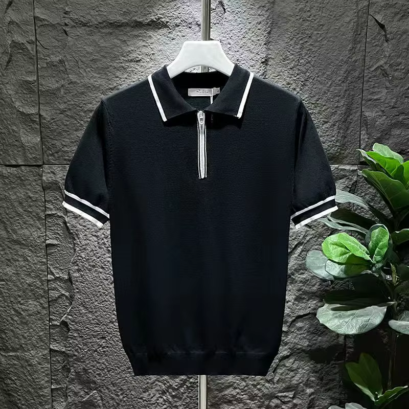 Polo de Luxe à Manches Courtes pour Homme, Streetwear, Couleur Unie, Chic, Mode, Fermeture Éclair, C