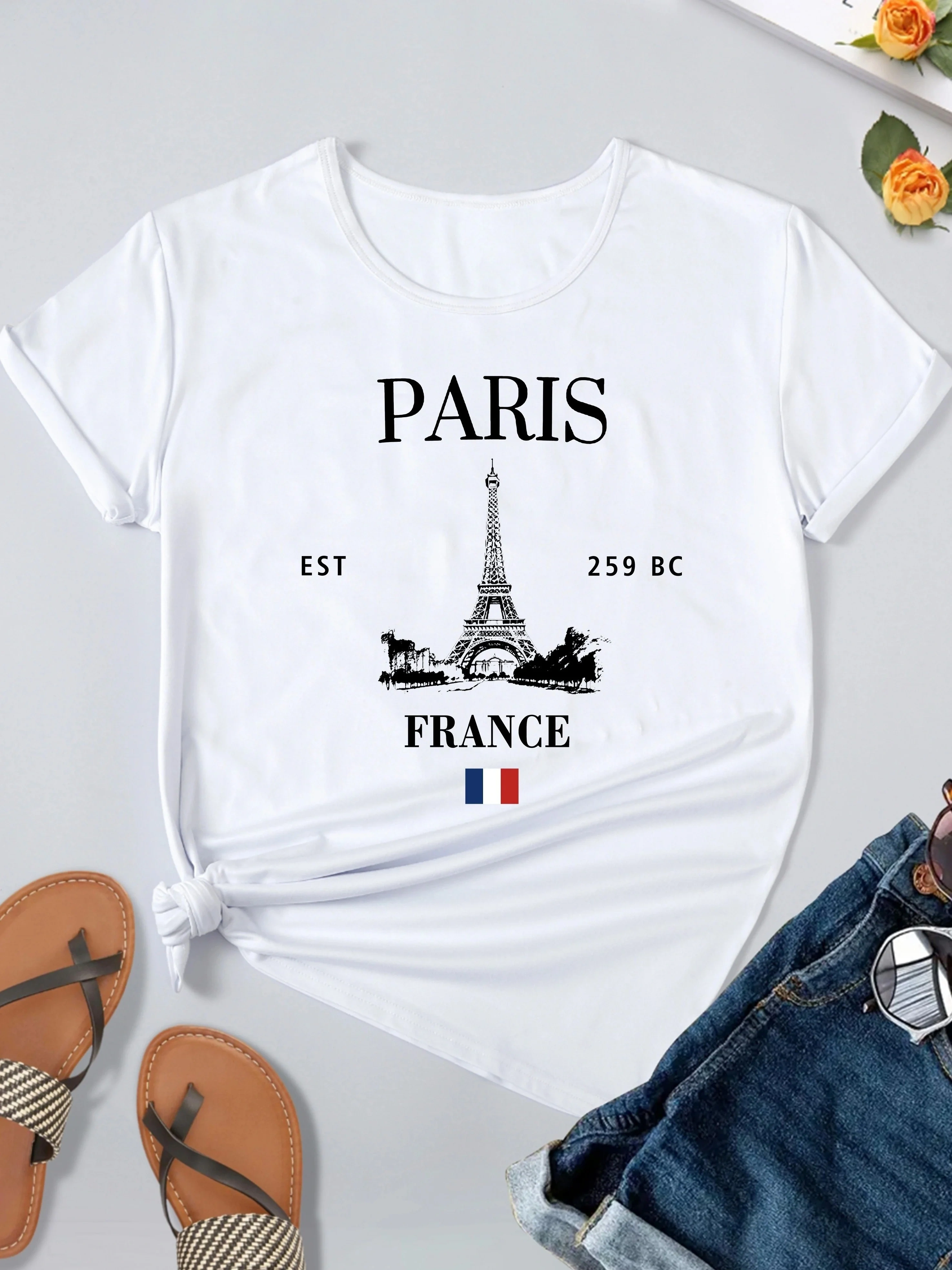 T-shirt imprimé tour Eiffel Paris, haut décontracté à col rond et manches courtes pour le printemps 
