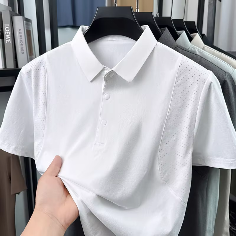 Polo décontracté pour homme en maille respirante et tissu uni, design patchwork, manches courtes, co