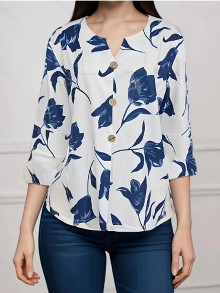 Chemisier à manches longues imprimé blanc pour femme, col en V, chemise boutonnée, haut élégant, mod