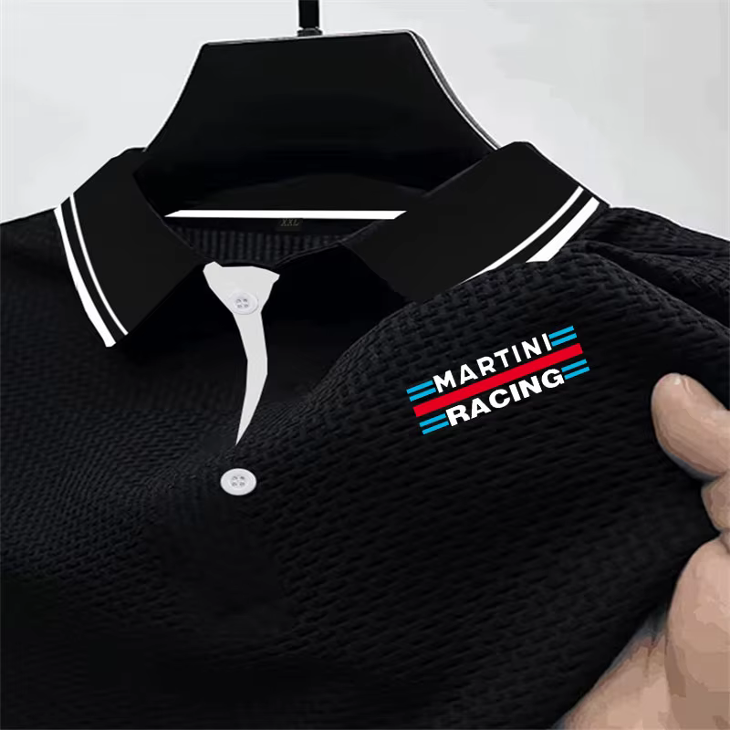 Polo en soie pour hommes T-Shirt à manches courtes bouton Martini course impression design revers lu