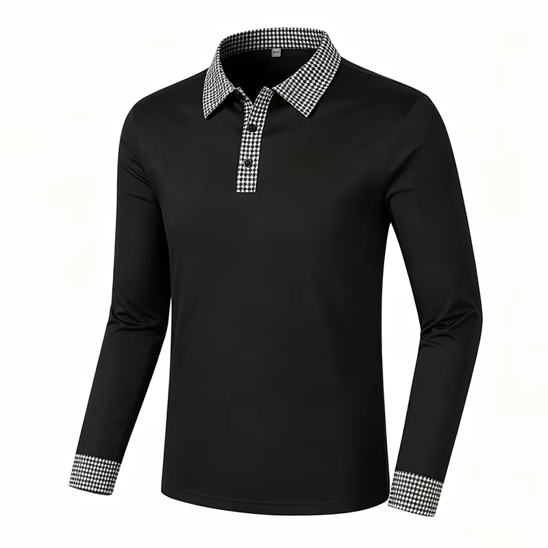 Polo à manches longues pour homme, à carreaux contrastants, col à revers, coupe classique, pour le q