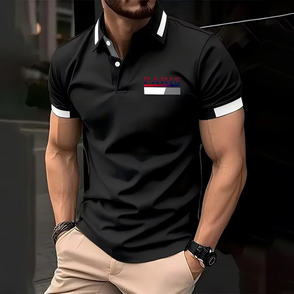 Polo à manches courtes imprimé parisien pour hommes, style décontracté, chemise à revers multifoncti