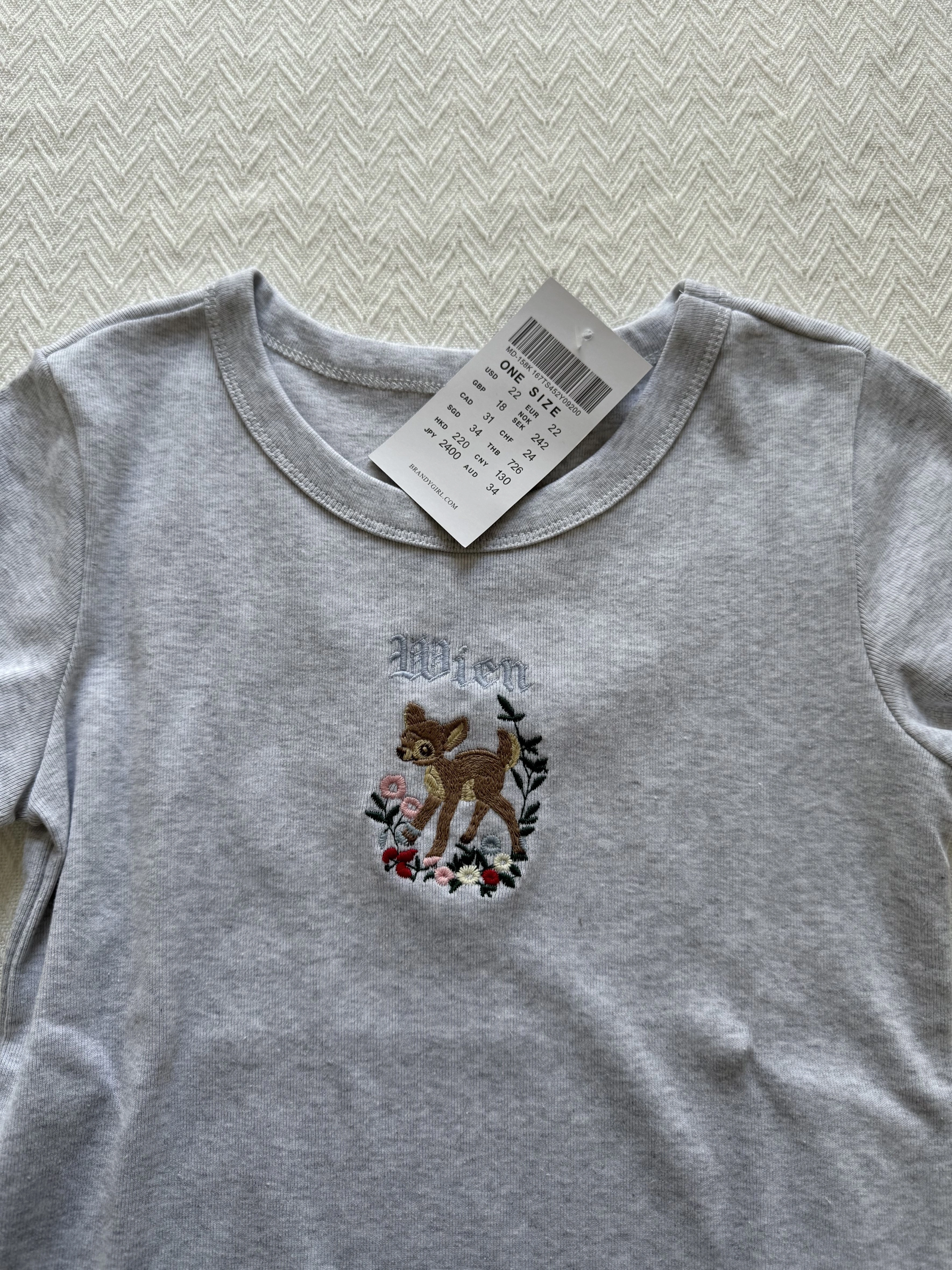 Fleur petit cerf broderie T-shirt col rond coton mince à manches courtes t-shirts femme doux mignon