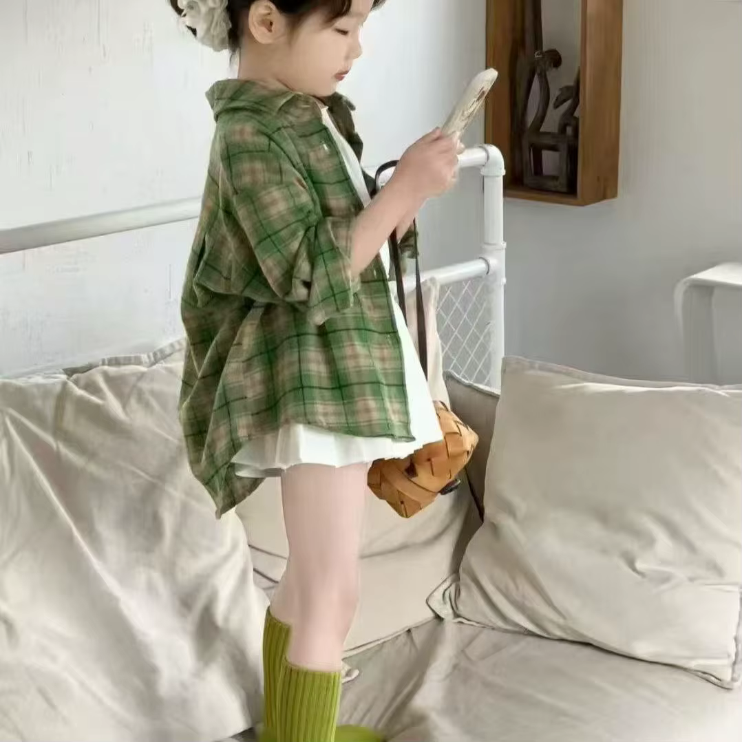 Chemise à carreaux vert Cardigan haut manches longues Grils enfants printemps automne à la mode déco