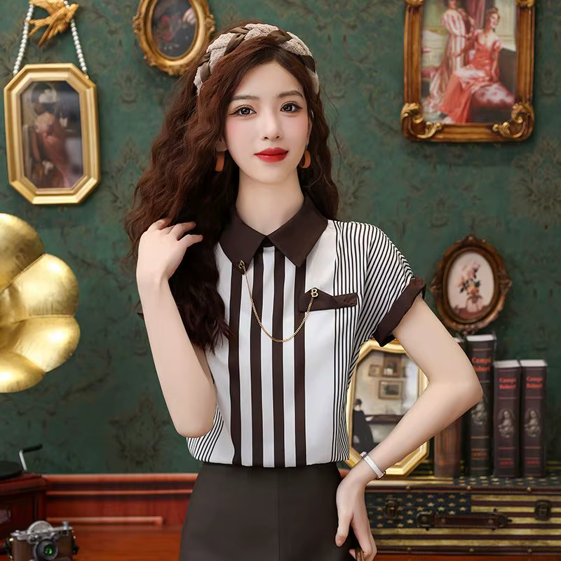 Chemise française en mousseline de soie rayée pour femmes, haut à manches courtes, élégant et polyva