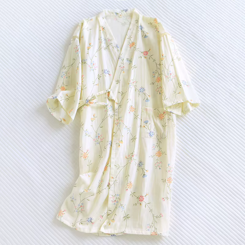 Kimono à Lacets en Coton pour Femme, Tenue de Maison Fine, Manches Mi-sulf, Printemps et Été