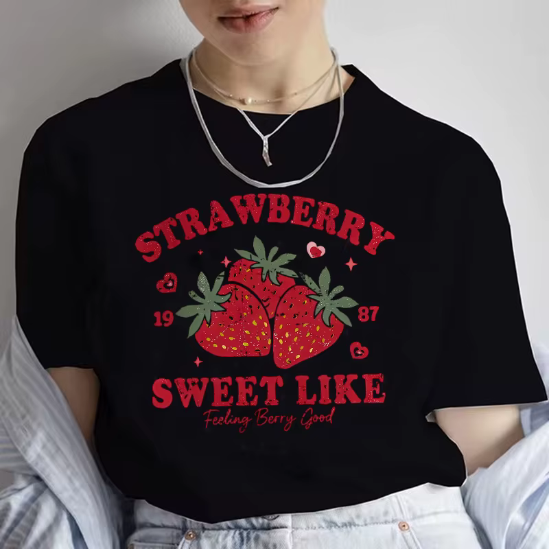 T-shirt blanc imprimé fraise pour femme, décontracté, à manches courtes, col rond, pour l'été, style