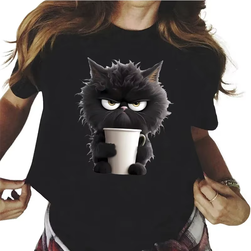 Harajuku T-shirt drôle chat femmes Kawaii T-shirt fille décontracté à manches courtes haut col rond 