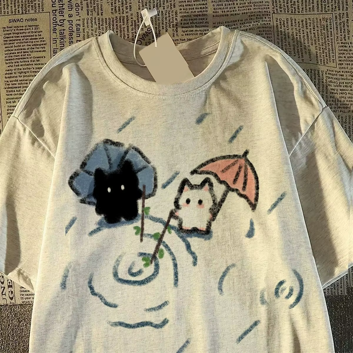 T-shirt à manches courtes avec un joli motif de chat japonais noir et blanc, haut d'été à manches co