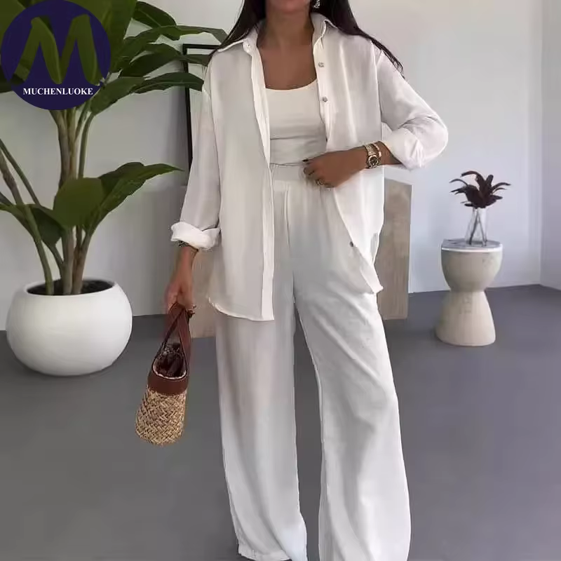 Ensemble 2 pièces mode été pour femme : chemise polyvalente à manches longues et revers, et pantalon