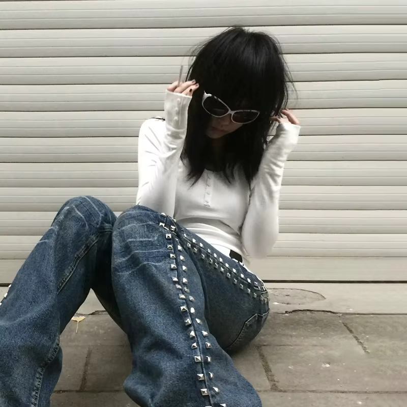 Karrcat Trashy Y2k T-shirt imprimé crâne Grunge esthétique faux deux pièces hauts Vintage années 200