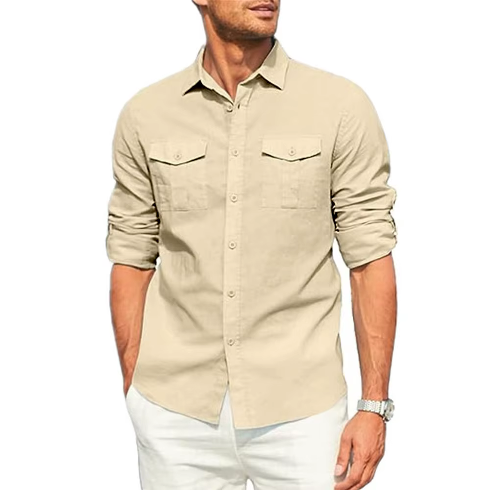 Chemise pour hommes Double poche coton lin chemise à manches longues décontracté chemise de vacances