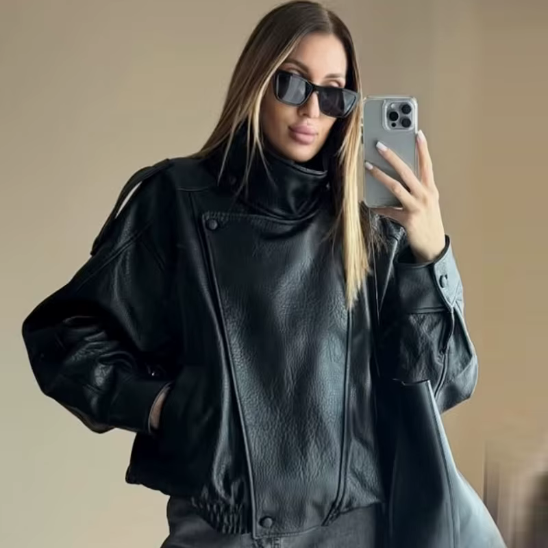 HXAO femmes vestes noir veste en simili cuir femme 2025 asymétrique à manches longues vêtements d'ex