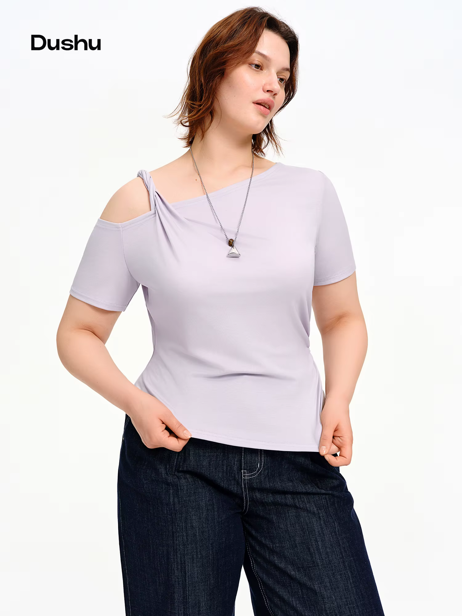 DUSHU T-shirt asymétrique à épaules dénudées pour femme, coupe irrégulière, été 2026, manches courte