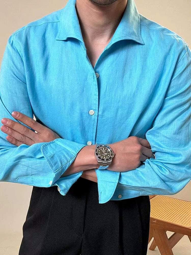 Chemise à manches longues en lin pour hommes, col italien, chemise d'affaires décontractée, robe soc