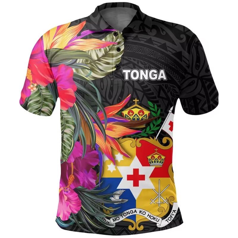 Polos College en 3D pour hommes, Économie décontractés à manches courtes, Emblème national tonga, Vê