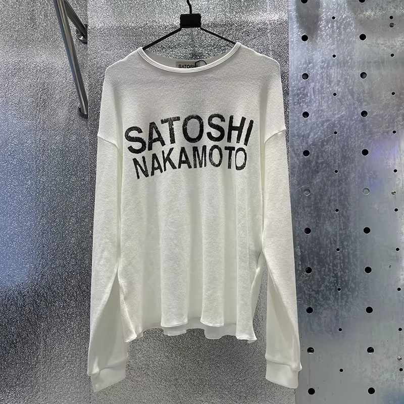 T-shirt à manches longues avec logo classique Satoshi Nakamoto pour hommes et femmes, tissu gaufré c