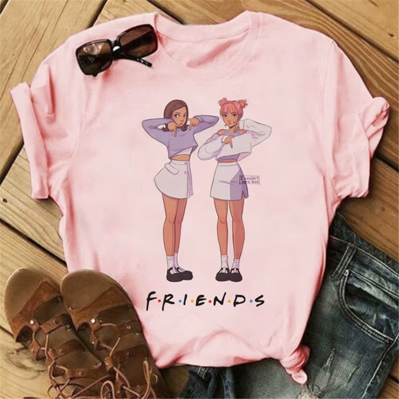 T-shirt à col rond imprimé dessin animé Good Friends pour femme, haut graphique, manches courtes, dé