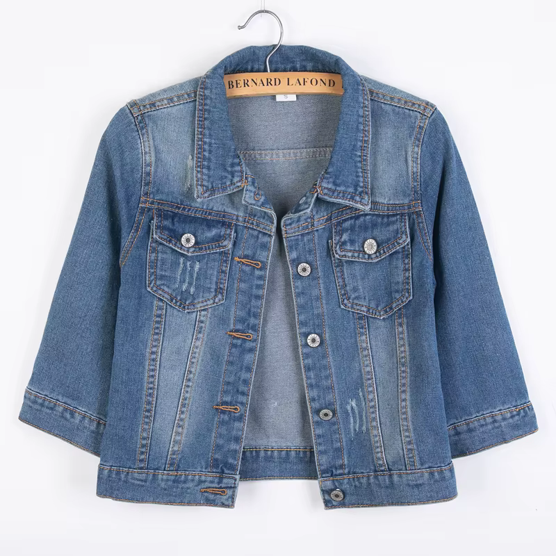Veste courte en Jean à manches trois quarts pour femme, vêtement d'extérieur Slim avec poches, mode 