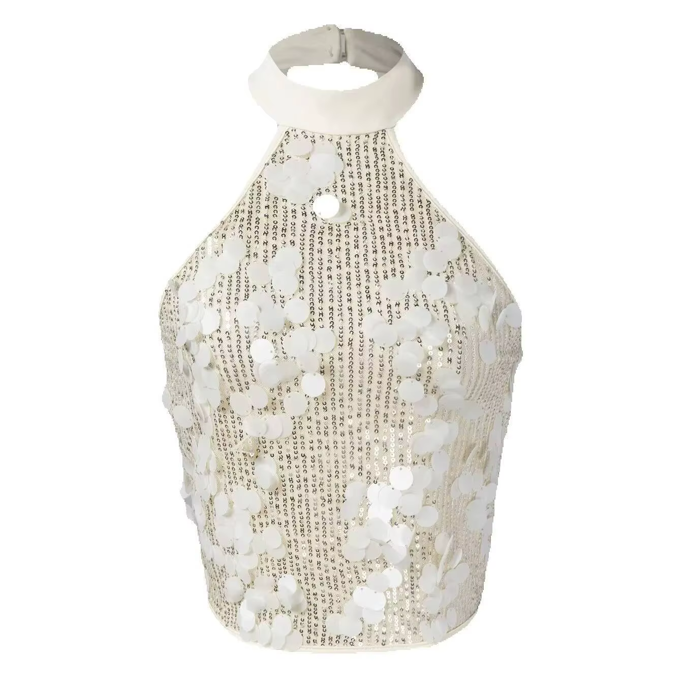 Débardeur Femme Printemps-Été Blanc à Col Halter, Orné de Paillettes, Court et Brillant, Idéal pour 