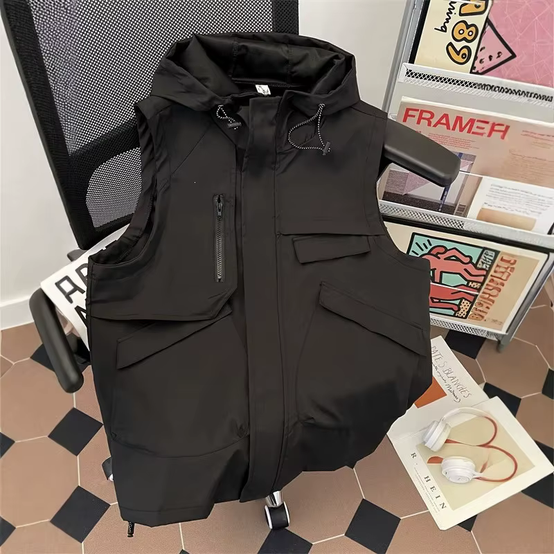 Gilet sans manches pour homme, veste d'été à poches, veste de travail ample à capuche