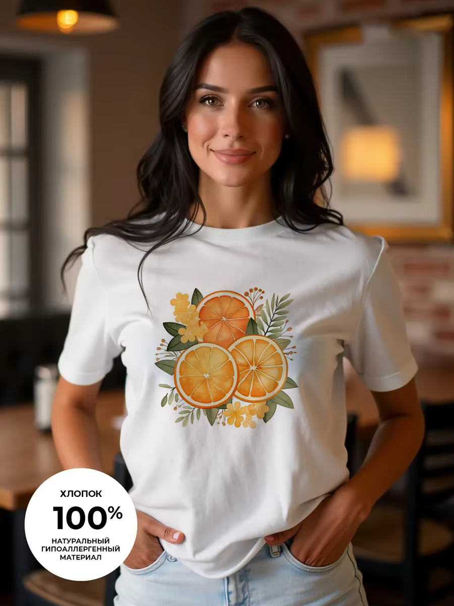 T-shirt femme imprimé fruits frais - Haut décontracté en pur coton à col rond et manches courtes - T
