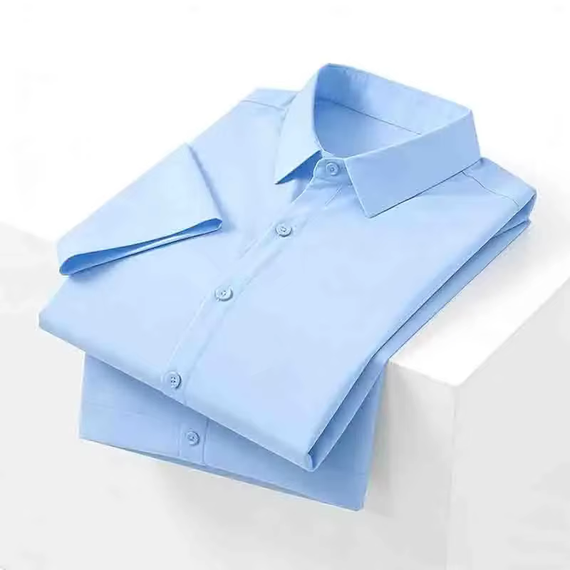 Chemise habillée noire pour homme, sans repassage, à manches courtes, boutonnée, col rabattu, pour l