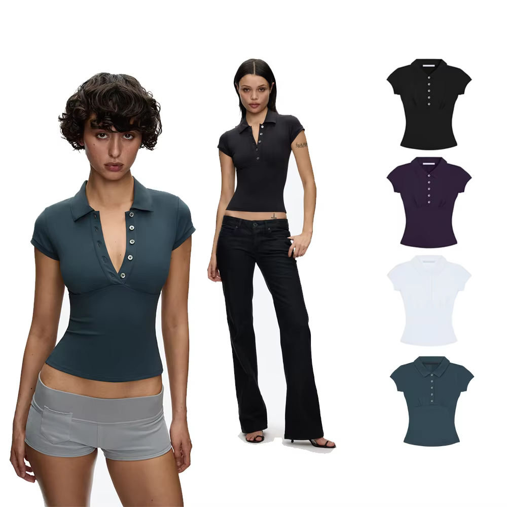 Polo à manches courtes style Tank Spicy Girl, col en V profond, coupe ajustée, tissu extensible, con