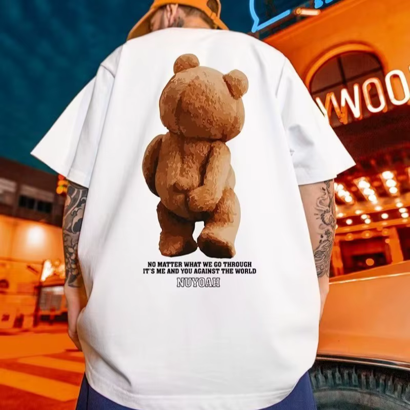 T-shirt à col rond pour hommes, ample, à la mode, Vintage américain, imprimé ours en peluche, tenue 